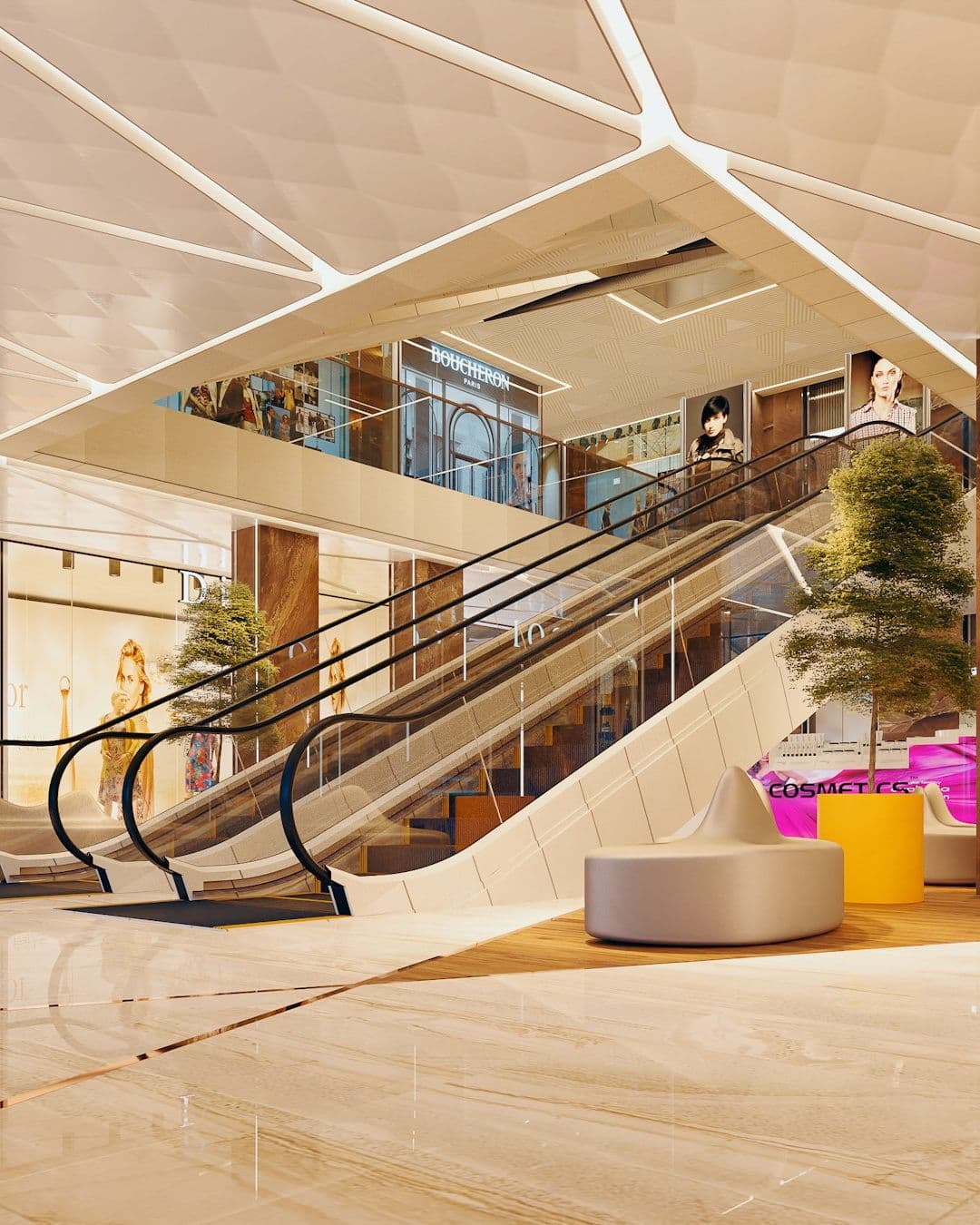 Interno di un centro commerciale moderno con negozi e scale mobili