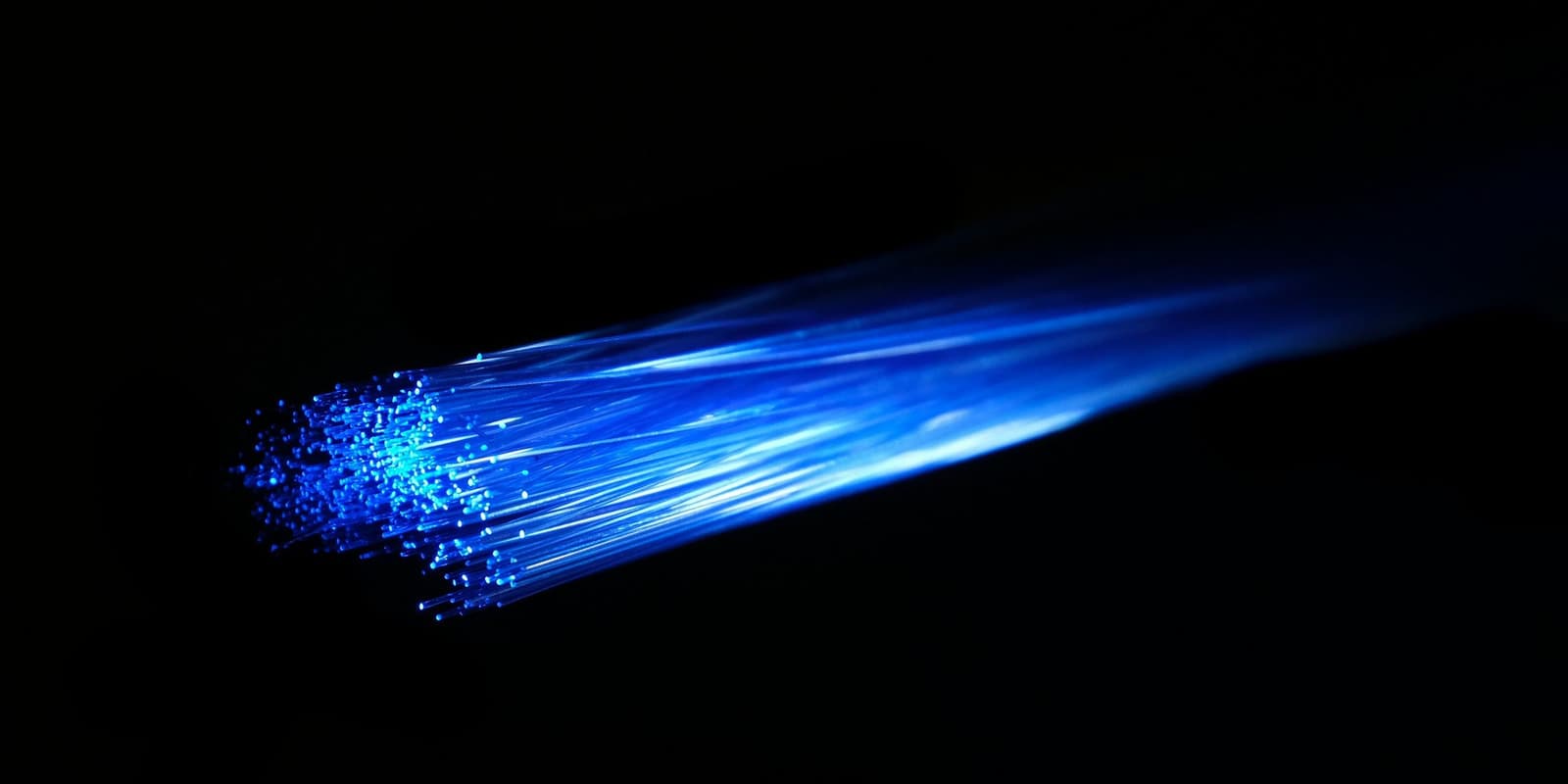 Fascio di fibre ottiche illuminate su sfondo scuro
